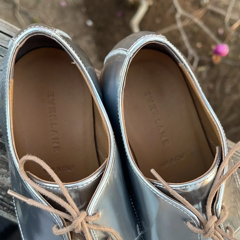 EVERLANE Italy Leather E2 Shine Modern Oxford Silver Lace up Women's Shoes Size - Picture 5 of 16